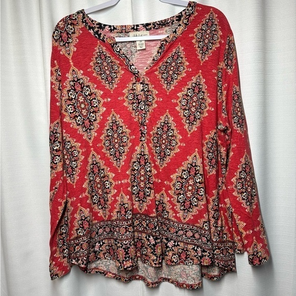 Style & Co. Tops - Style & Co Woman Blouse Top Plus 2X Boho Mixed Print Roll Tab Sleeves Red Hippie